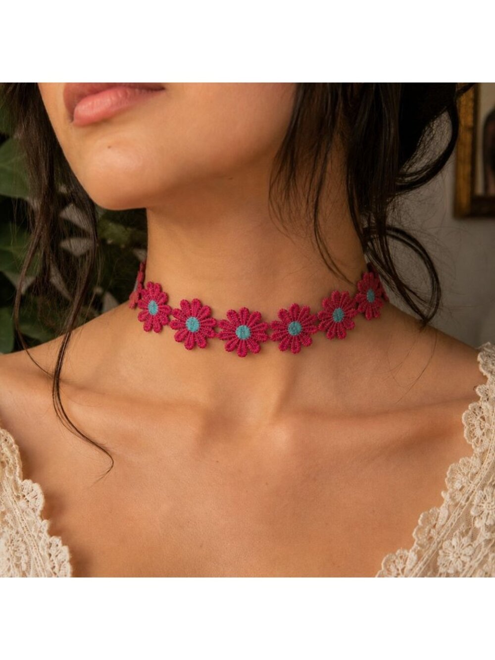 Pink Daisy Lace Choker Necklace, Floral Embroidered Choker, Cottagecore Necklace